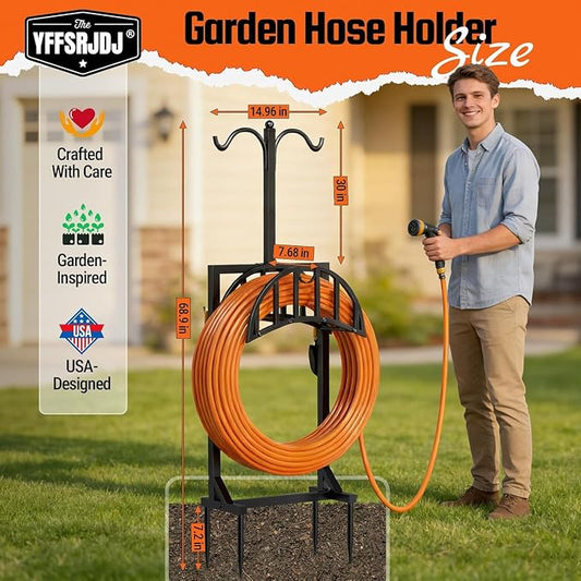 2 Pack Garden Hose Holder, Water Hose Stand for Outside with 4 Stake and 2 Shepherds Hooks, Freestanding Hose Storage Holds 150Ft, Heavy-Duty Metal Hose Hanger Rack for Yard, Lawn, Farm