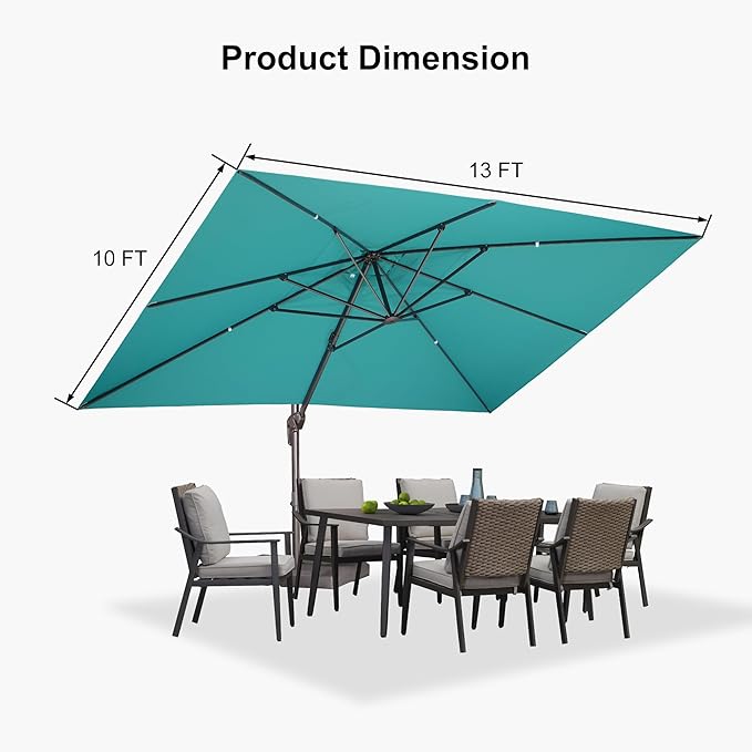 PURPLE LEAF 10' X 13' Patio Cantilever Umbrella with Base Rectangle Umbrella Outdoor with Aluminum Offset Hanging and 360° Rotation for Pool Garden Deck Patio, Turquoise