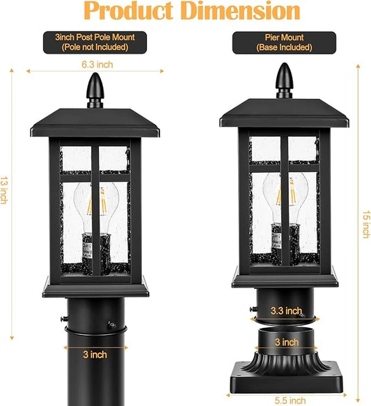 Dusk to Dawn Black Outdoor Post Light Fixture, Pole Lamp with Pier Mount, Waterproof Exterior Lamp Post Lantern for Yard, Driveway, Path, Black