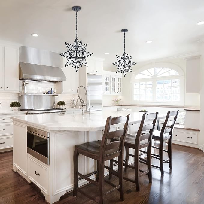 DIRYZON Boho Moravian Star Pendant Light 20 Inch Large Black Hanging Ceiling Light,Modern Clear Glass Pendant Lighting for Kitchen Island Porch Bedroom
