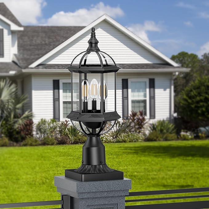 Outdoor Post Lights,19.21" 3-Light Lamp Post Light Fixture,Hardwired 120V Exterior Waterproof Pole Lighting,Modern Black Aluminum Lantern for Garden, Yard, Patio, Pathway