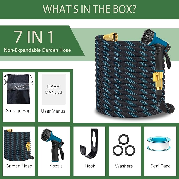 Garden Hose Non-Expandable 75 ft, Lightweight Flexible Water Hose with 10 Function Spray Nozzle, Outdoor Leak Proof, Kink-Free, Portable Hose for Yard, Lawn, Camper, High-Density Fabric, Black Blue