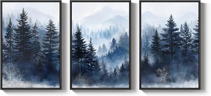 Framed Blue Forest Mountain Wall Art for Living Room, Misty Pine Tree Nature Landscape Canvas Artwork for Walls, Neutral Foggy Forest Scenic Painting Prints for Bedroom Office Wall Decor, 24x36 Inch