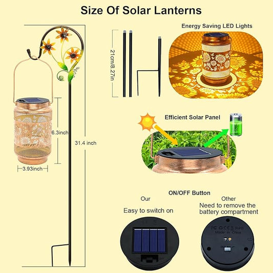 2 Pack Sunflower Solar Lanterns Outdoor Waterproof Solar Garden Decor, Birthday Gifts for Mothers Day Women Mom Grandma, Metal Hanging Lights with Shepherd Hook for Outside Yard Patio Pathway Backyard
