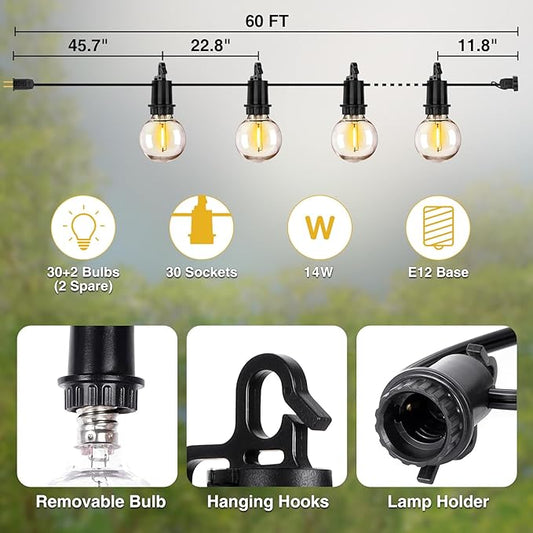 ZJOJO 60FT Outdoor String Lights, G40 Globe Outdoor Lights with 30 Shatterproof LED Bulbs (2 Spare), 2700K Hanging Waterproof Patio Light, Connectable String Lights for Outside Backyard Porch Party