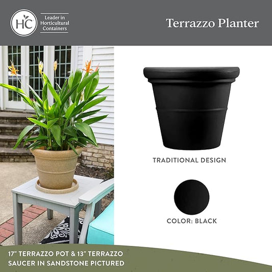 The HC Companies Terrazzo Large Round Plastic Plant Pot w/Rolled Rim - Lightweight & UV Resistant Gardening Pot for Herbs & More - Outdoor & Indoor Plant Pots w/Drainage (17” Black)