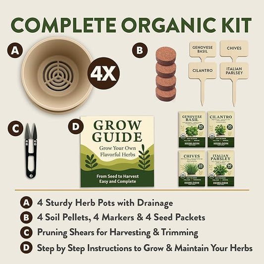 HOME GROWN Indoor Organic Herb Garden Kit – Unique Christmas Gift for Adults, Men, & Women - Grow 4 Herb Seeds for Kitchen Window Garden – Beginner DIY Hobby Gardening Gift for Plant Lovers, Mom & Dad