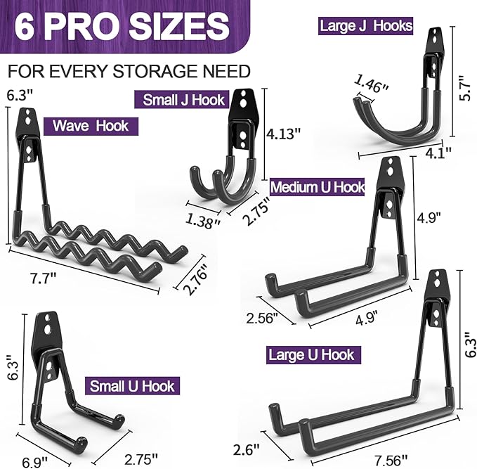 16 Pack Garage Hooks Heavy Duty Wall Mount Storage Hangers Holder Organizer, for Power Tool, Garden Yard Tools, Utility, Ladder, Hose