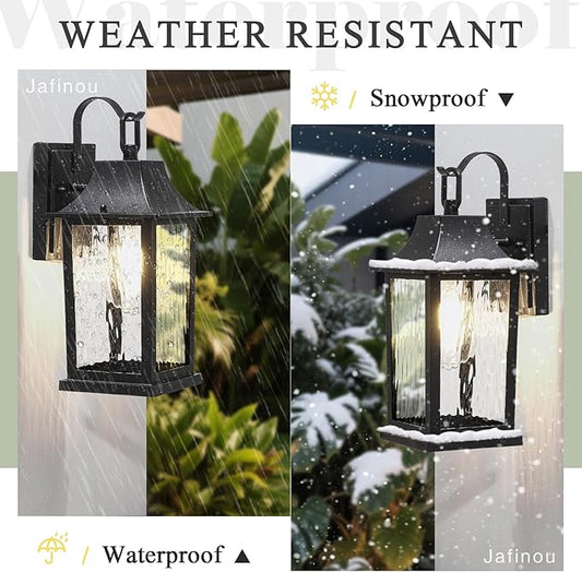 2-Pack Porch Light Fixture,Matte Black Outdoor Wall Sconce Light - 13" Rustproof Aluminum Exterior Lighting with Water Pattern Glass for Patio Yard House Hallway Doorway Garage