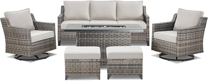 Patio Furniture Set with 42.5" Fire Pit Table-6 Pieces All Weather Wicker Outdoor Furniture with High Back Swivel Patio Chairs Set of 2 Outdoor Couch for Deck Balcony Backyard Beige/Gray