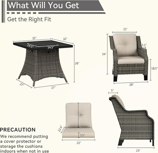 5-Piece Wicker Patio Furniture Set, 4 Armchairs and 1 Fire Pit, Conversation Set with Cushions, Beige