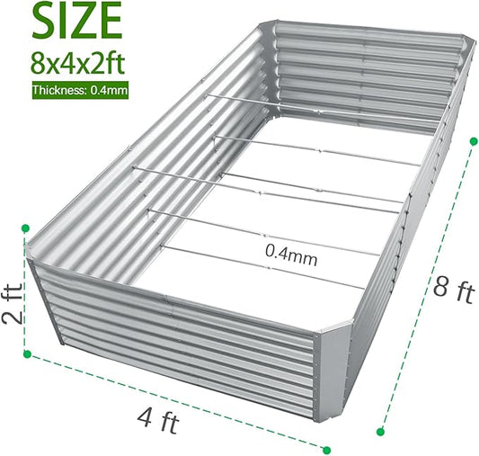 8x4x2ft Galvanized Raised Garden Bed, Planter Raised Garden Boxes Outdoor, Large Metal Raised Beds for Gardening, Garden Bed for Vegetables, Flowers, Herb, Silver