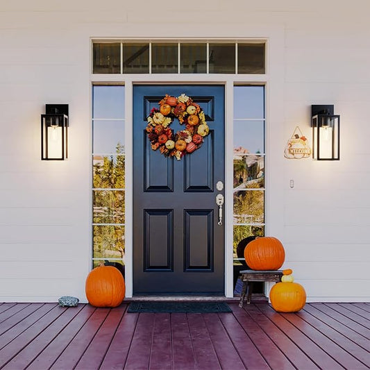 Kalium Porch Lights Outdoor Wall Light Fixture 2pcs, Matte Black, Wall Sconce 12.4 in, Toughened Frame, Clear Glass Shade, Waterproof Lanterns, Suitable for Patio, Exterior, Front, Door, Entryway
