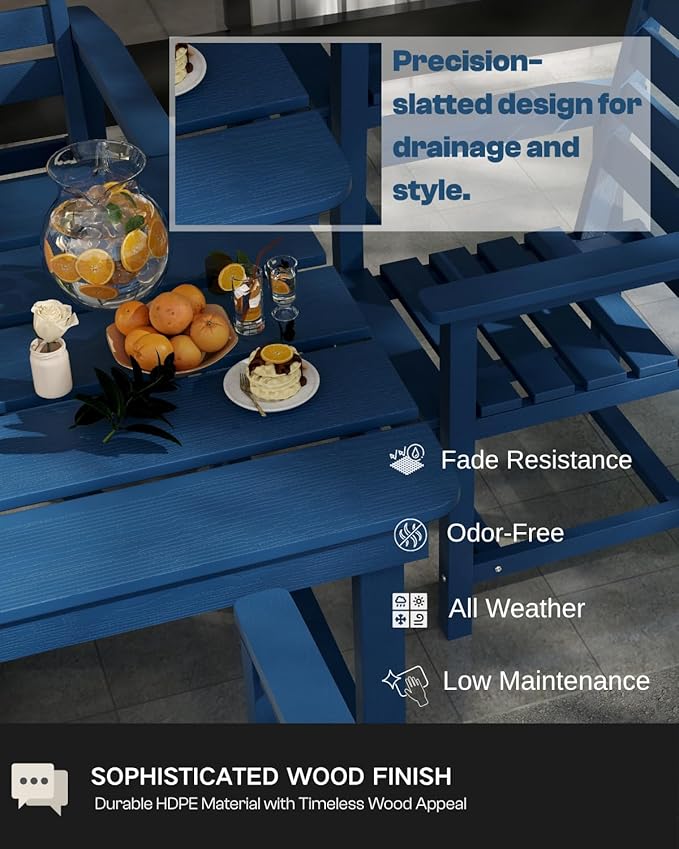 7-Piece Navy Blue HDPE Patio Table and Chairs Set, Weather Resistant Outdoor HDPE Dining Table Sets with Umbrella Hole for Lawn, Garden, Deck, Poolside, Balcony