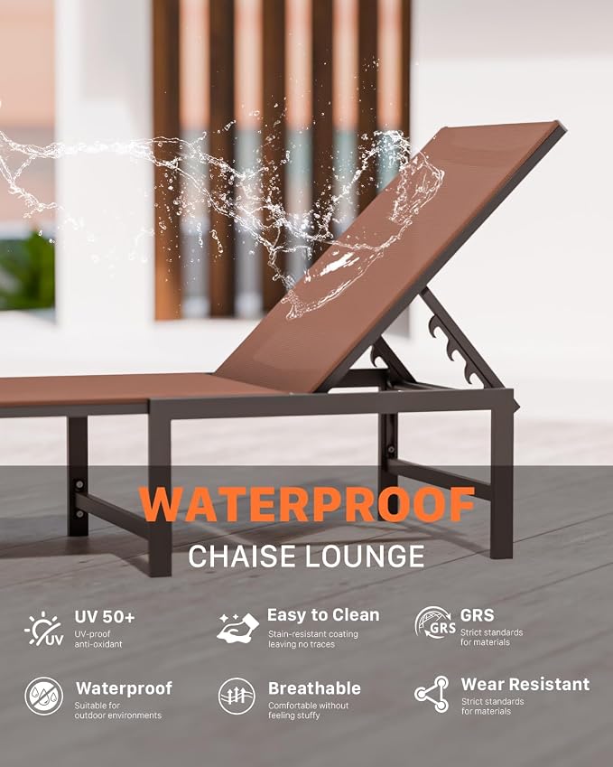 Patio Lounge Chair, Aluminum, 5 Adjustable Backrest, 1 PieceBrown | Lightweight rustproof aluminum.5 adjustable backrest positions.Breathable quick-dry fabric.For poolside,beach,lawn,backyard.