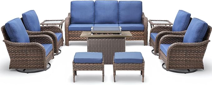 10 Pieces Patio Furniture Set with 42.5" Fire Pit Table-All Weather Wicker Outdoor Furniture with High Back Swivel Patio Chairs Set of 2 Outdoor Couch for Deck Balcony Backyard Brown/Blue