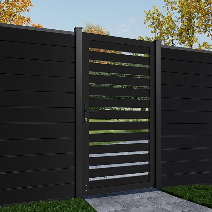 Mondaria Openwork Aluminum Privacy Fence Gate, 6ft(H) x 3ft(W) - Outdoor Decorative Fence Gate with Metal Frame & Knob Kits, Black (Without Post)