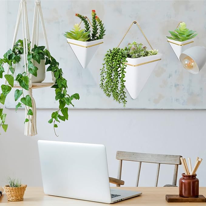 Rtteri 15 PCS Wall Hanging Planter Set with Artificial Succulents, 3 Ceramic Geometric Wall Planters in 3 Sizes, Modern Indoor Decor for Living Room Bathroom Office