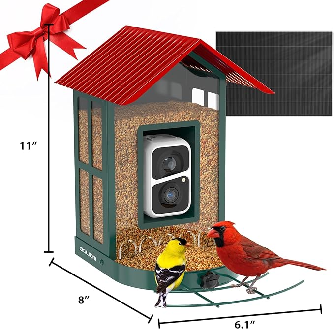 SOLIOM Solar Bird Feeder with Camera for Outdoors - Durable Metal AI Smart Birdhouse, 2K Live View & Instant Alerts, Squirrel Proof - Ideal Bird Watching Gift (Red)