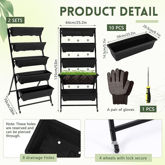 2 Pack 5 Tier Vertical Garden Planter with Wheels 4.5 ft Raised Garden Bed for Strawberry Herb Vegetable Flower Stackable Planter Boxes with Drainage for Patio Indoor Outdoor(Black)