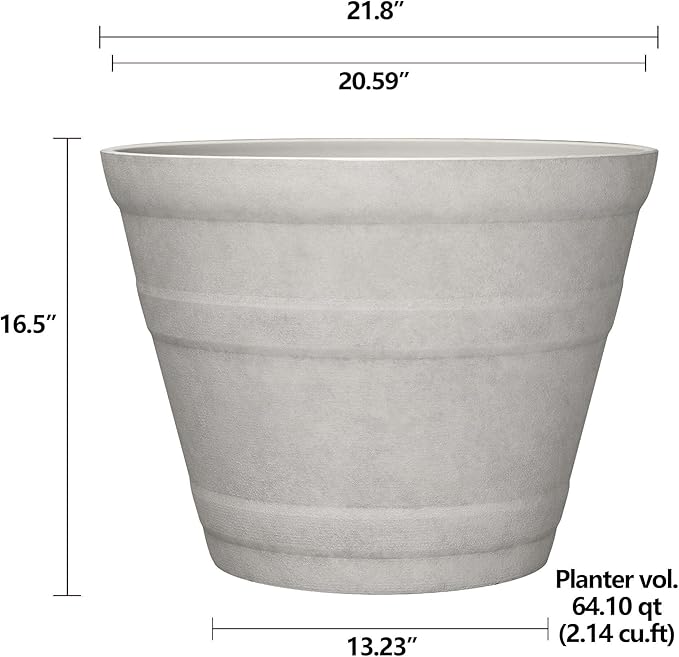 Large Recycled Resin Planter Pot, 21.8" x 21.8" x 16.5", Durable Outdoor Garden Flower Pot, Weather-Resistant Plant Container