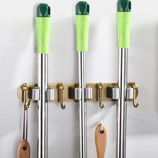 Mop Broom Holder Wall Mount Garden Tool Organizer, Brass Heavy Duty Tool Hanger with 3 Racks 4 Hooks for Kitchen Bathroom Closet Garage Office Laundry