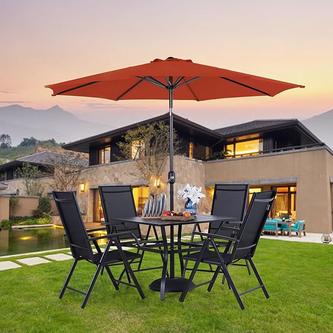 PHI VILLA Outdoor Patio Dining Set for 4 with 9ft Patio Umbrella (No Base), Outdoor Table and Chairs with Adjustable Patio Folding Chair & 37" Metal Dining Table for Garden, Yard and Deck