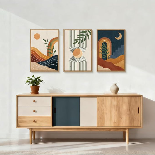 FWIEXA Mid Century Modern Wall Art Set of 3, Vintage Boho Framed Canvas Wall Decor, Minimalist Geometric Sun Moon Line Wall Prints, Abstract Green Leaf Painting, 24x36In Modern Navy Blue Artwork for Living Room,Bedroom