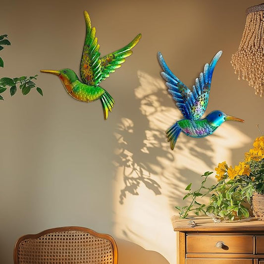 HONGLAND Metal Hummingbird Wall Art 12inch Metal Birds Wall Sculpture Garden Decoration Outdoor Statue Patio Fence Hanging Plaques 2 Pack(Blue-Green)