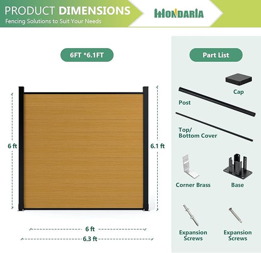 Mondaria Privacy Fence Panels for Outside, 6ft(W) x 6ft(H) Outdoor Fence with 2 Posts, Wind Resistant Wood Plastic Composite Fencing Panels for Patio,Backyard,Garden and Swimming Pool(Yellow Teak)