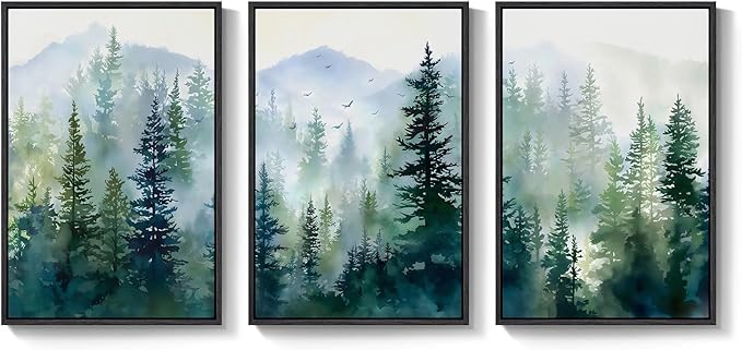 Large Framed Green Forest Landscape Wall Art for Living Room, 3 Piece Pine Tree Foggy Mountain Watercolor Canvas Artwork for Walls, Nature Scenic Modern Wall Decor for Dining Room Hallway, 24x36 Inch
