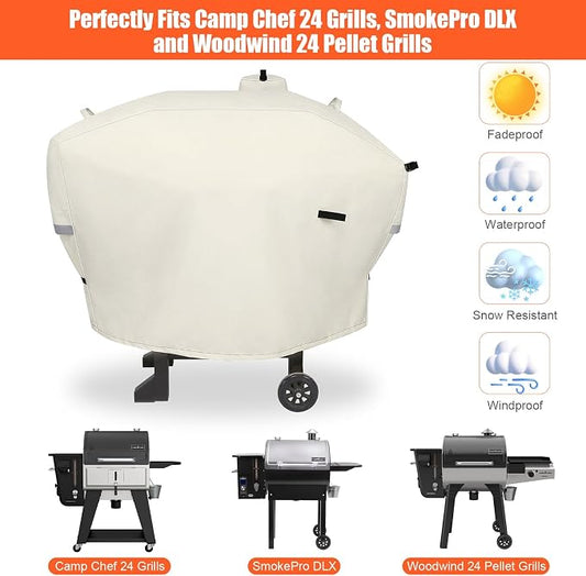 Grill Cover for Camp Chef 24 Pellet Grills, Model DLX 24, SmokePro 24, Woodwind 24 Pro Pellet Grills, PG24, PG24LS, PG24S, PG24SE, PG24LTD, PG24XT, SG24, SmokePro DLX, Anti-UV 600D, Beige