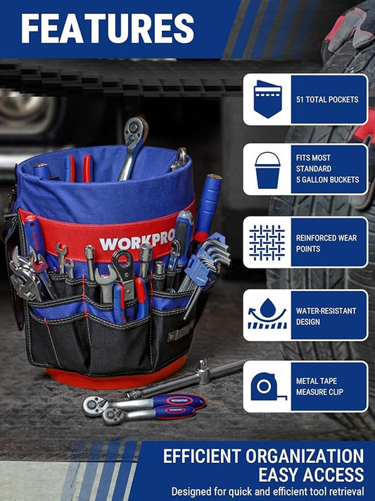 WORKPRO Bucket Tool Organizer with 51 Pockets Fits to 3.5-5 Gallon Bucket (Tools Excluded)