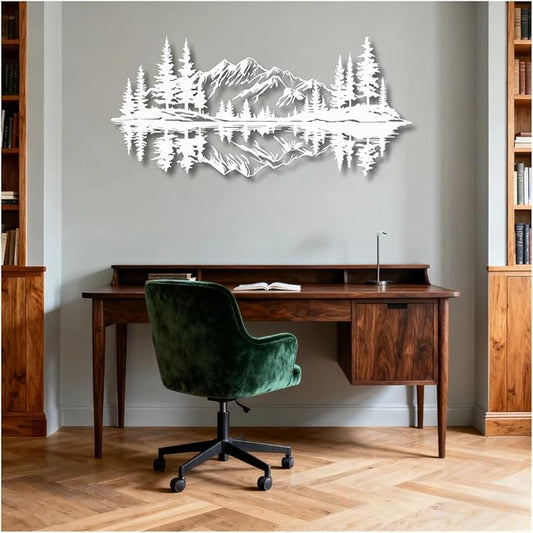 Mountain View Metal Wall Art,Nature Landscape Home Decor with Reflection,Black Iron Sculpture for Bedroom Garden Living Room Outdoor Office(White,48 x22 in/121x56 cm)