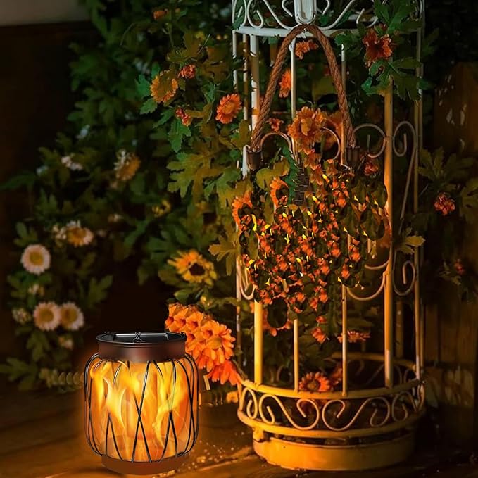Solar Hanging Lantern Lights Outdoor Waterproof, 4 Pack Solar Flame Lantern with Hook, Metal Hanging Lanterns for Outside, Led Porch Lanterns for Patio Tree Camping Garden Decorative Lights