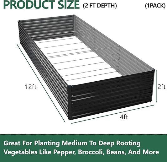 Vengarus 12x4x2FT Galvanized Raised Garden Bed Kit, Deep Root Planter Box Outdoor Large Planter Raised Beds for Planting Flowers,Vegetables and Herbs-Black