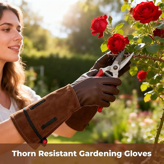 Aegend Women’s Garden Gloves, Long Elbow Cuff Adjustable Strap, Sun & Dirt Protection, Cowhide Leather, Breathable Comfortable for Gardening, Fit Small Hands for Gardeners (Brown, S)