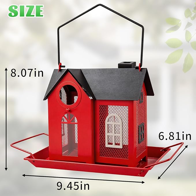 Solar Bird Feeder for Outdoors - Red Metal Hanging Bird Feeder with Solar Light, Decorative for Wild Cardinals, Finches, Weatherproof Backyard Garden Decor Ideal Gift for Women Mom Grandma