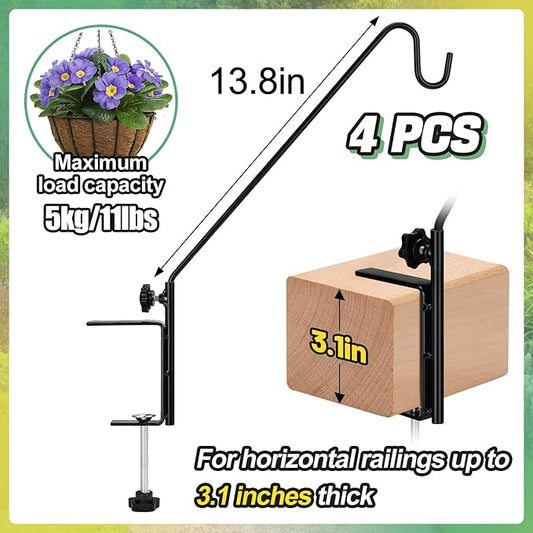 Biubee 4Pack Deck Bird Feeder Hanger for Railing- Heavy Duty Steel Stable Deck Railing Plant Hanger Outdoor, with Adjustable 3.1" Clamp, Deck Hook for Bird Feeder Plant Hangers Lanterns, 13.8 Inches