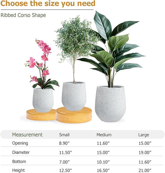 21" H x 19" D Ribbed Corso Fiberstone Round Planter - Christmas Tree Planter, Weather Resistant for Indoor & Outdoor Use, Included 2 Extra Coco Mats (Ribbed Speckled White, 15" Pot Opening)