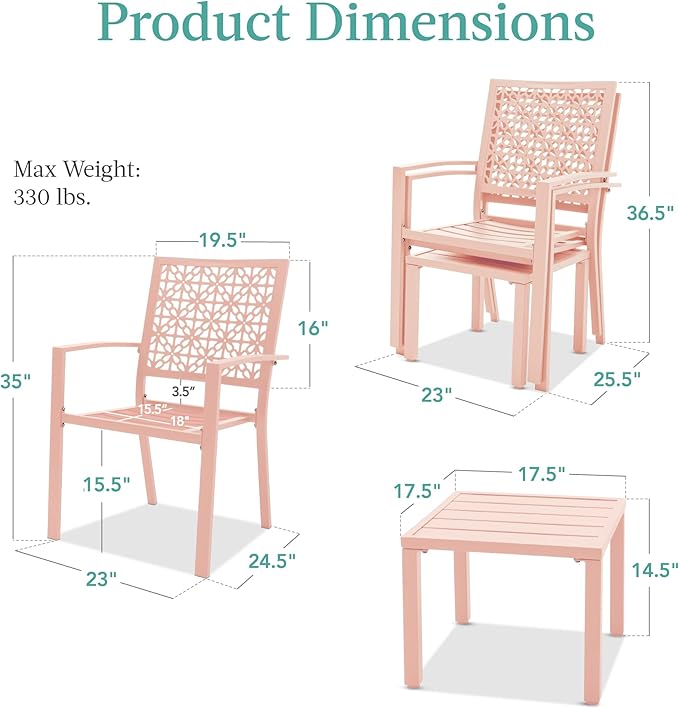 Best Choice Products 3-Piece Outdoor Bistro Set, Stackable Modern Steel Furniture for Porch, Garden w/ 2 Chairs, Table, Geometric Decor - Peach