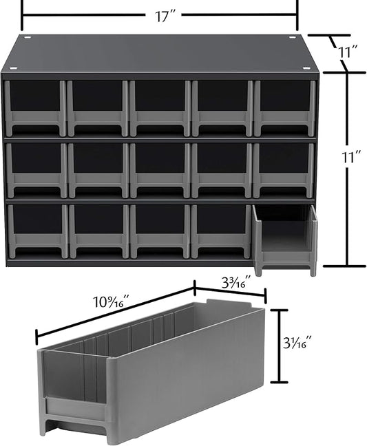 Akro-Mils Steel Garage Storage Cabinet, Small Parts Organizer Metal Cabinet for Hardware, Nails, Screws, Bolts, Nuts, and More, 17" W x 11" D x 11" H, 15-Drawer, Gray Cabinet/Gray Drawers (19715)