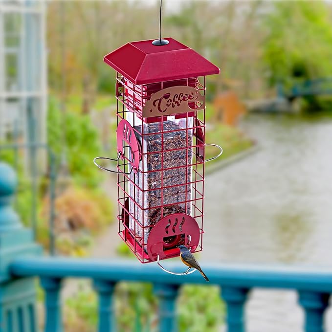 Squirrel Proof Bird Feeders for Outdoors Tube Metal Mesh Hanging Bird Seed Feeder for Outside Pole Weight -Activated & 4 Adajustable Perschs 2.2 lbs Capacity (Red)