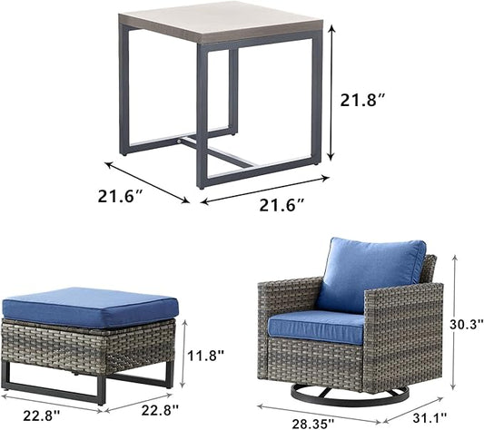 Rilyson Wicker Outdoor Patio Furniture Set - 5 Piece Patio Conversation Set with 2 Swivel Rocker Chairs,2 Rattan Ottoman and 1 Metal Side Table for Outside Porch Deck Backyard Garden(Mixed Grey/Blue)