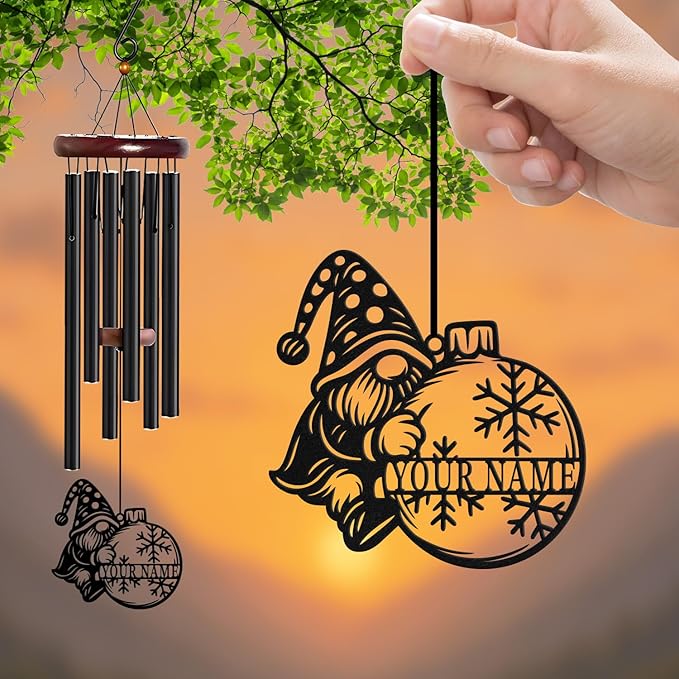 Personalized Customize Name Gnome Wind Chime, Metal Iron 37 Inch Outdoor Memorial Gift for Garden Yard Patio Home Decor, Black,Christmas (Style G)