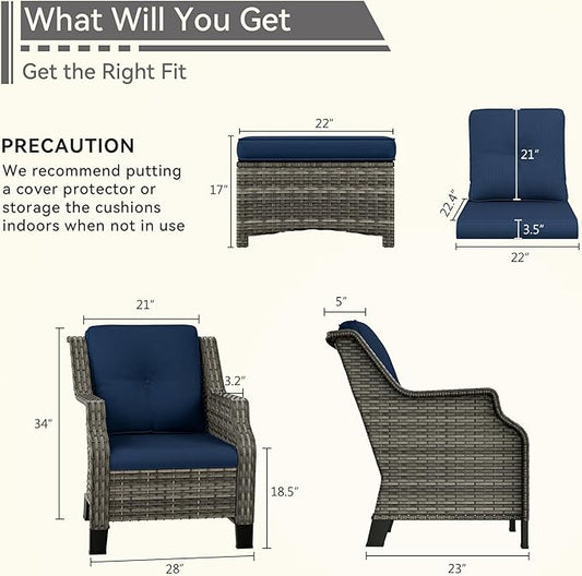 4 Piece Patio Furniture Set, 2 Chairs and 2 Ottomans PE Wicker Footstool, Outdoors Rattan Conversation Set with Deep Seating and Olefin Cushions, for Backyard, Garden, Navy