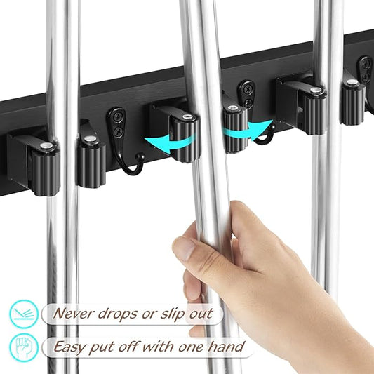 OUTNILI Black Mop Broom Holder Wall Mount with 4 Slots & 4 Hooks - Rustic Wood Broom Mop Hanger for Pantry Closet Laundry Room Organization - Heavy Duty Garden Tool Organizer - Black Kitchen Decor