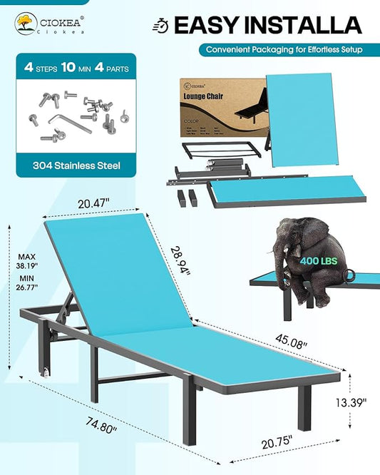 Ciokea Patio Chaise Lounge Chair Set of 2, Outdoor Lounge Chairs with Wheels, 5-Position Adjustable Sun Loungers for Pool, Deck, Beach, Lake Blue