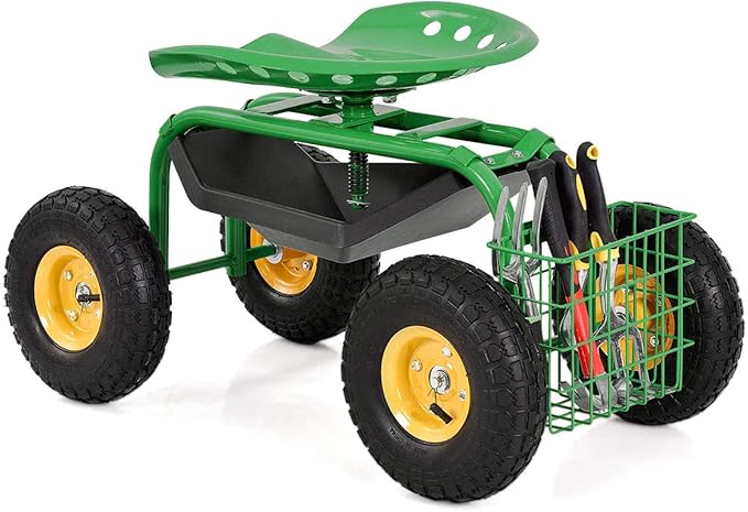 Goplus Garden Seat with Wheels, Rolling Garden Cart with Adjustable 360° Swivel Seat, Tool Tray, Basket for Lawn, Yard, Patio, Heavy Duty Gardening Stool, Outdoor Wagon Scooter for Seniors