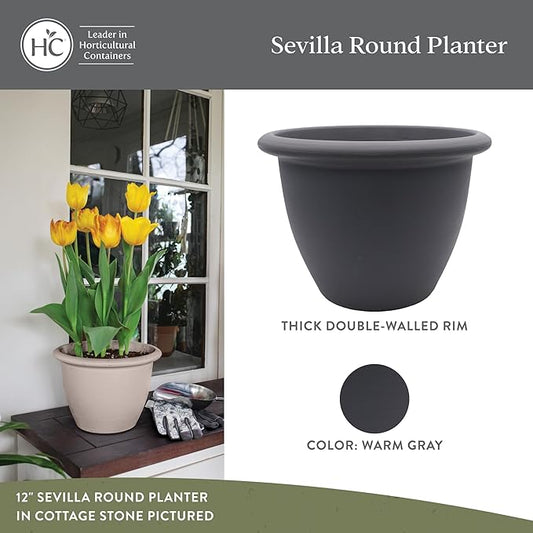 The HC Companies Sevilla Flower Planters - Durable Outdoor & Indoor Planter - Round Lightweight Self Watering Plant Pots for Herbs & More (16" Warm Gray, Pack of 1)